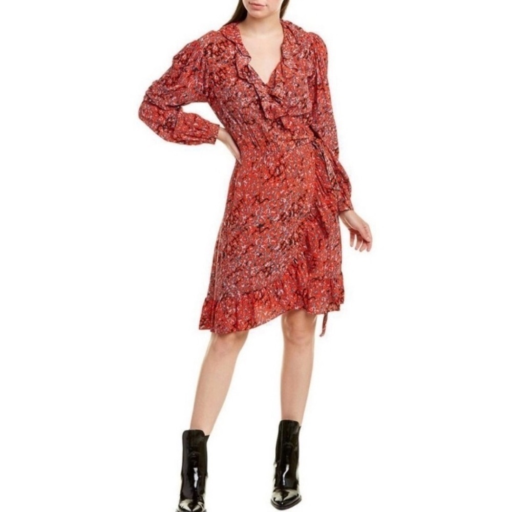 Maje Rossetto Ruffle Trimmed Leopard Print Wrap Dress Size 1 Small Belted